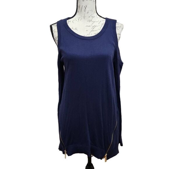 Michael Michael Kors Ladies Navy Cold Shoulder Knit Top with Gold Zipper Details - Picture 1 of 7